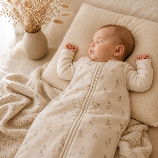 Baby sover trygt i en sovepose. Guide til at vælge den rigtige TOG-værdi ud fra rumtemperaturen.