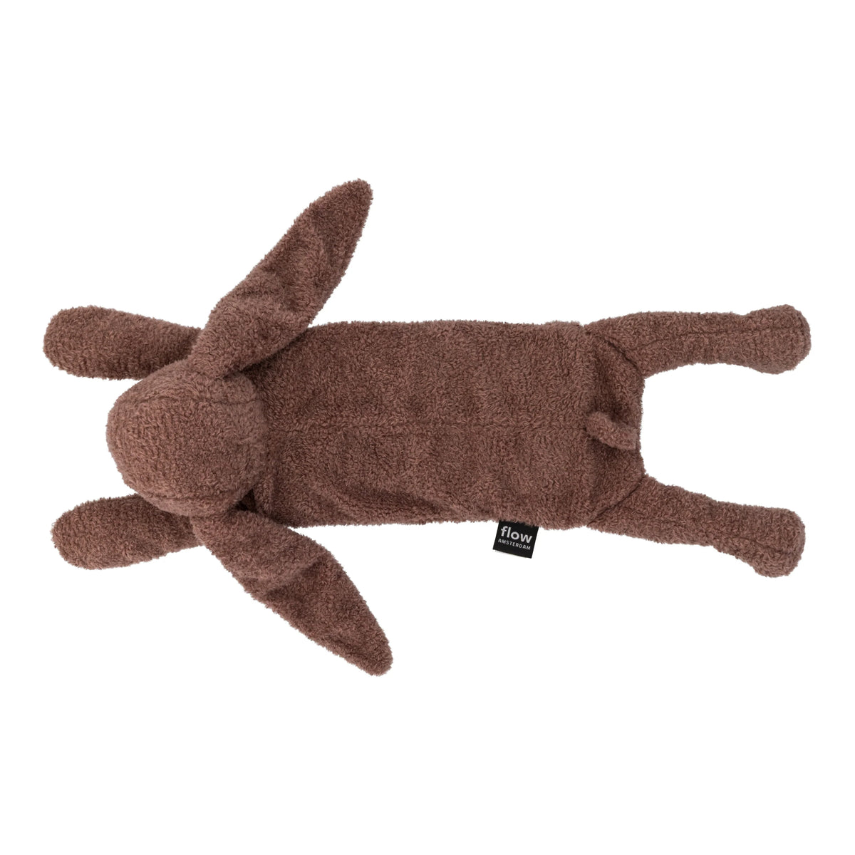  Flow Amsterdam Milo varmebamse i Chocolate set ovenfra med lang krop og kaninører.

