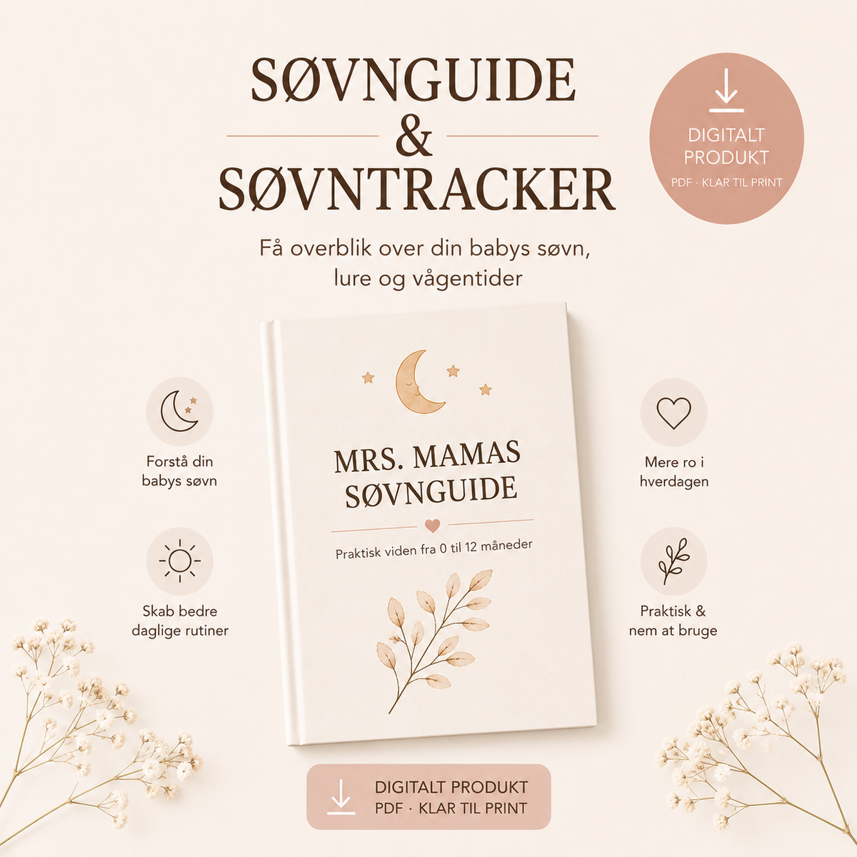 Mrs. Mamas søvnguide og søvntracker til baby – digital PDF med hjælp til søvn, lure og vågentider.