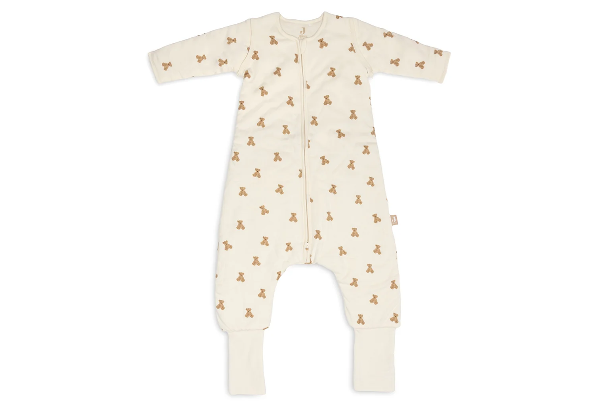 Jollein Teddy sovepose med bamseprint, lange ærmer og lynlås set forfra