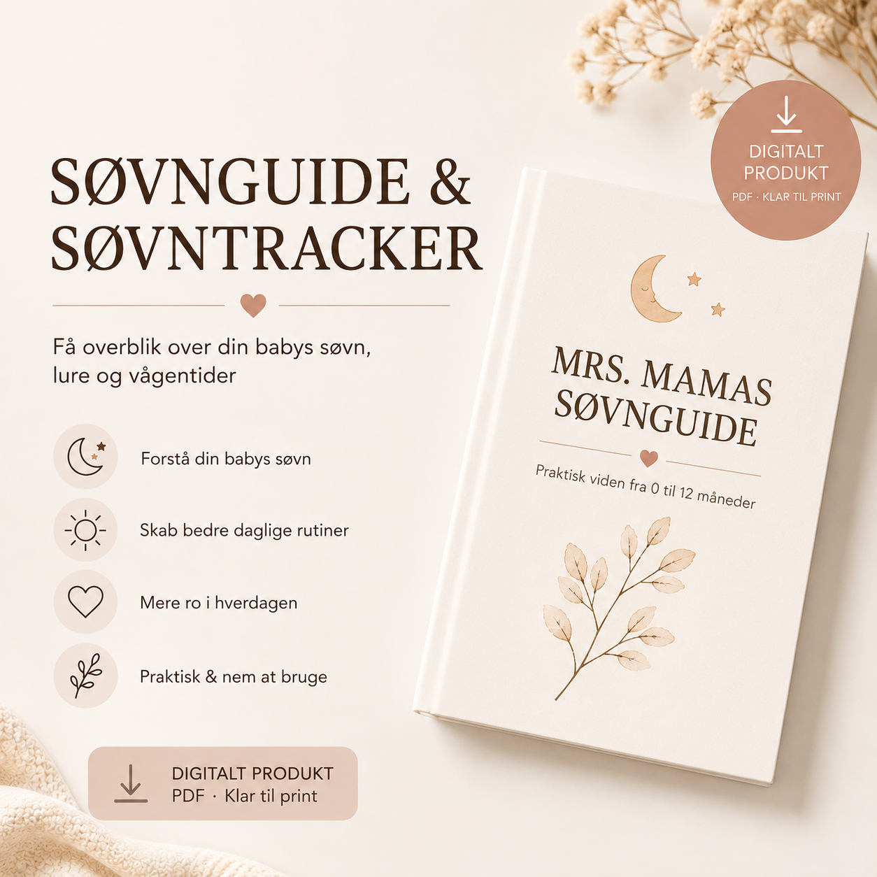 Mrs. Mamas søvnguide og søvntracker til baby – digital PDF med hjælp til søvn, lure og vågentider