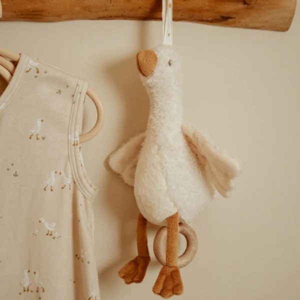 Musikuro med melodi til baby med hvid gås og træring