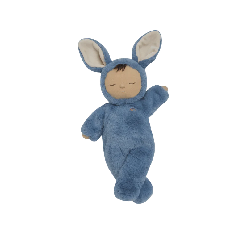 Olli Ella kanin bamse i blød blå dragt – tryghedsbamse til baby og børn