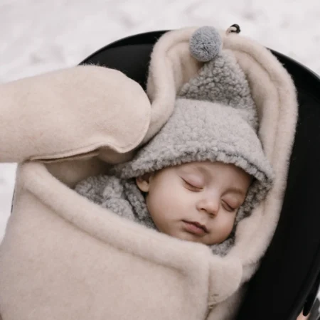 Baby sover trygt i en kørepose i 100 % naturlig uld til baby – blød, åndbar og perfekt til vinterens kolde dage.