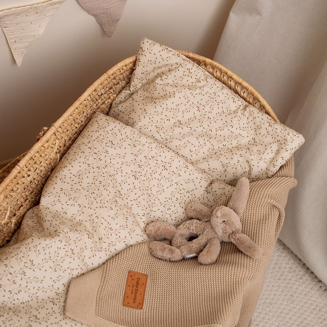 komplet-tremmeseng-saet-babydyne-babypude-beige-bladprint-baby komplet-tremmeseng-saet-babydyne-babypude-beige-bladprint-baby