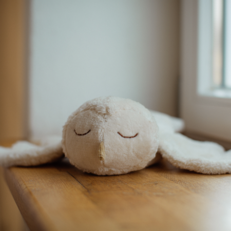 Varmebamse fra Senger Naturwelt formet som en lille ugle i økologiske materialer, der giver naturlig varme og tryghed til baby og barn.